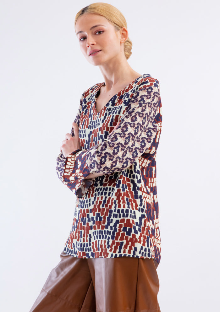 BLOUSE TRAPÈZE IMPRIMÉE VUE D'EN HAUT BORDEAUX
