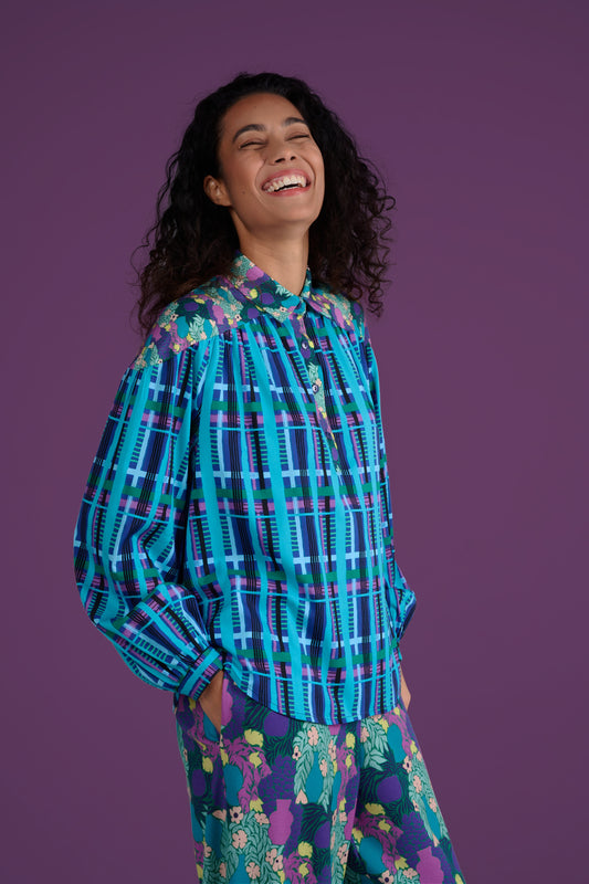 CHEMISIER CESAR TARTAN BLEU