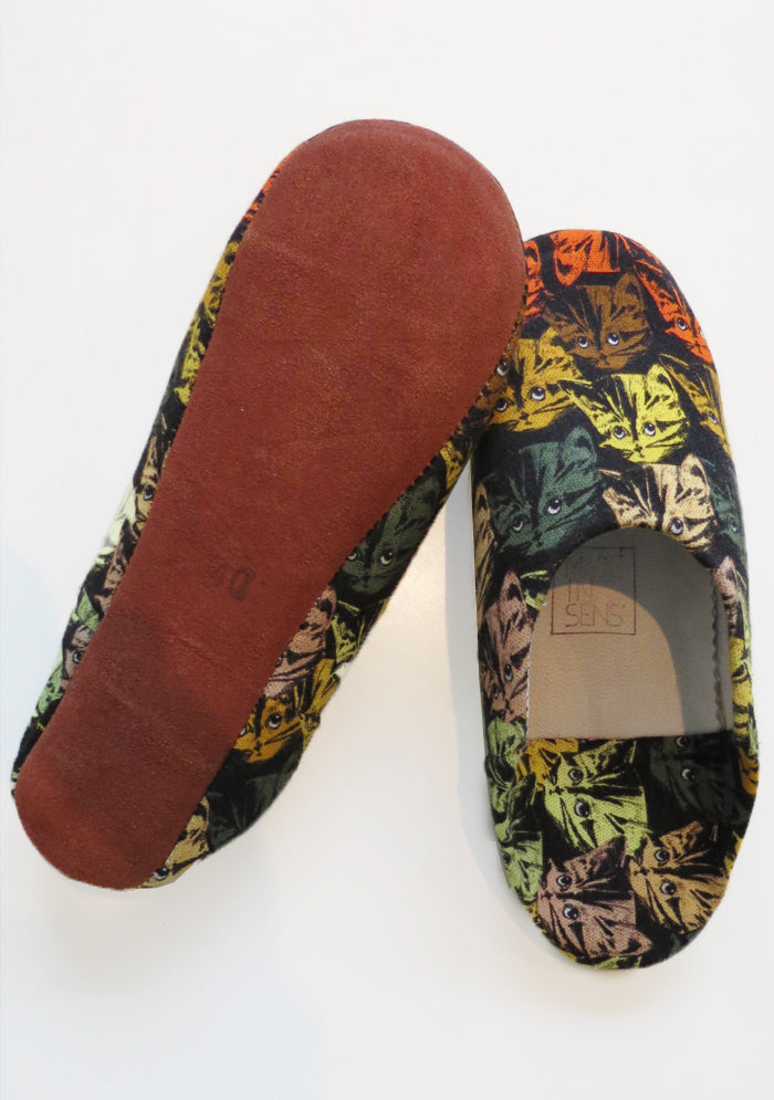BABOUCHES EN CUIR IMPRIMÉ CHAT
