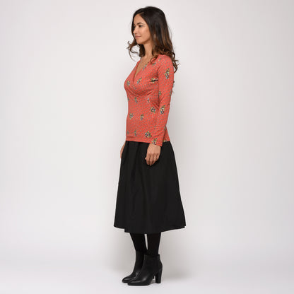 CACHE CŒUR EN MAILLE IMPRIME ORANGE PETITES FLEURS