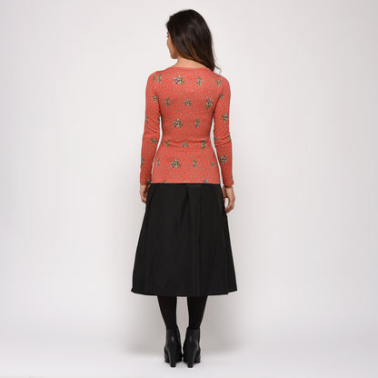 CACHE CŒUR EN MAILLE IMPRIME ORANGE PETITES FLEURS
