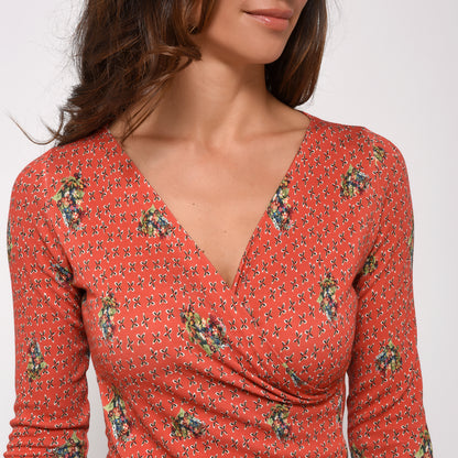 CACHE CŒUR EN MAILLE IMPRIME ORANGE PETITES FLEURS