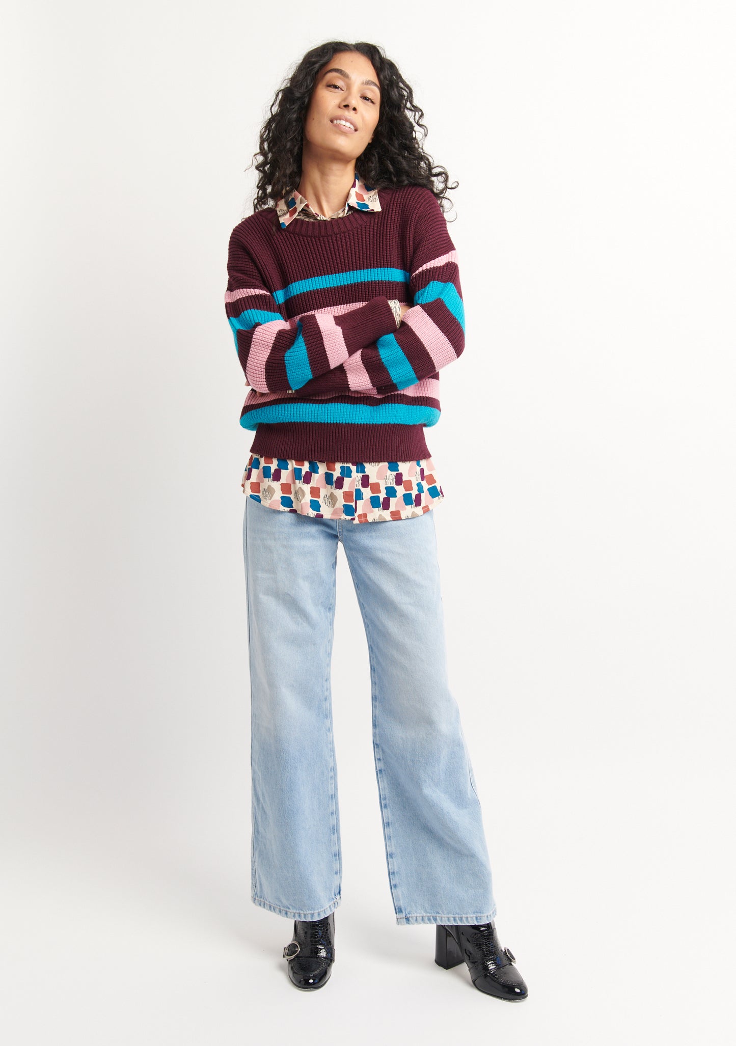 PULL RAYÉ COL ROND  PRUNE