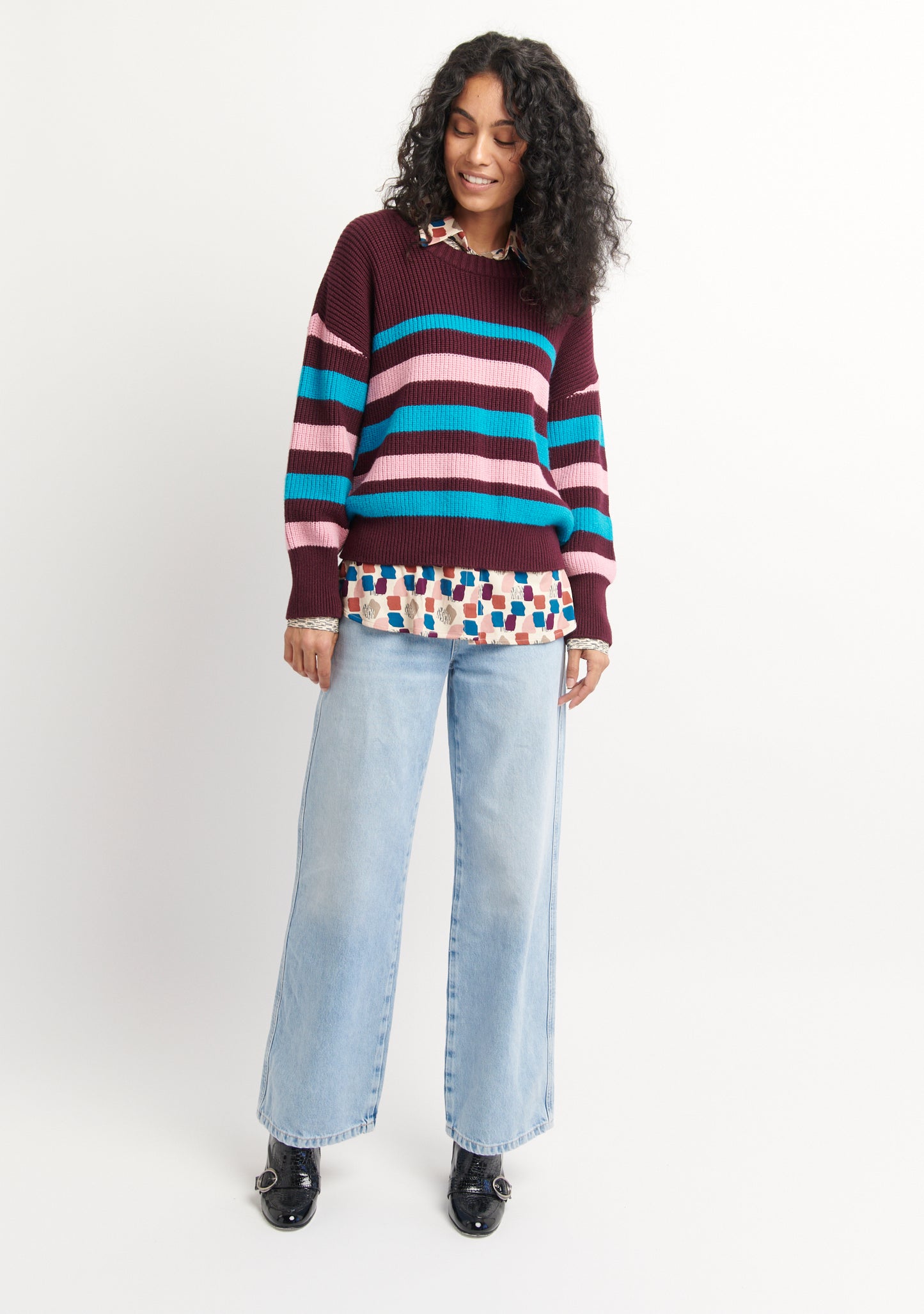 PULL RAYÉ COL ROND  PRUNE