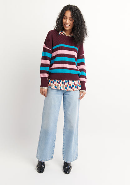 PULL RAYÉ COL ROND  PRUNE