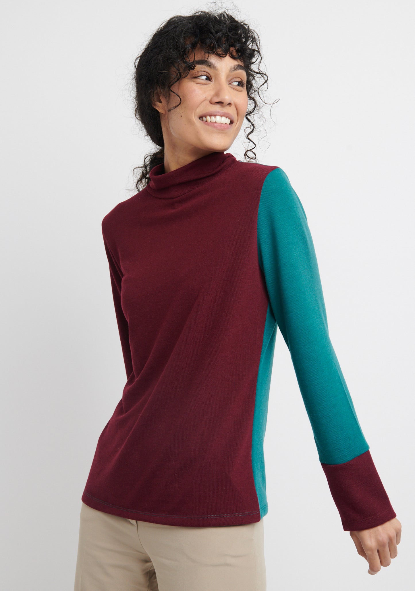 SOUS-PULL UNI FIN EXTRA DOUX RECTO VERSO PRUNE ET VERT