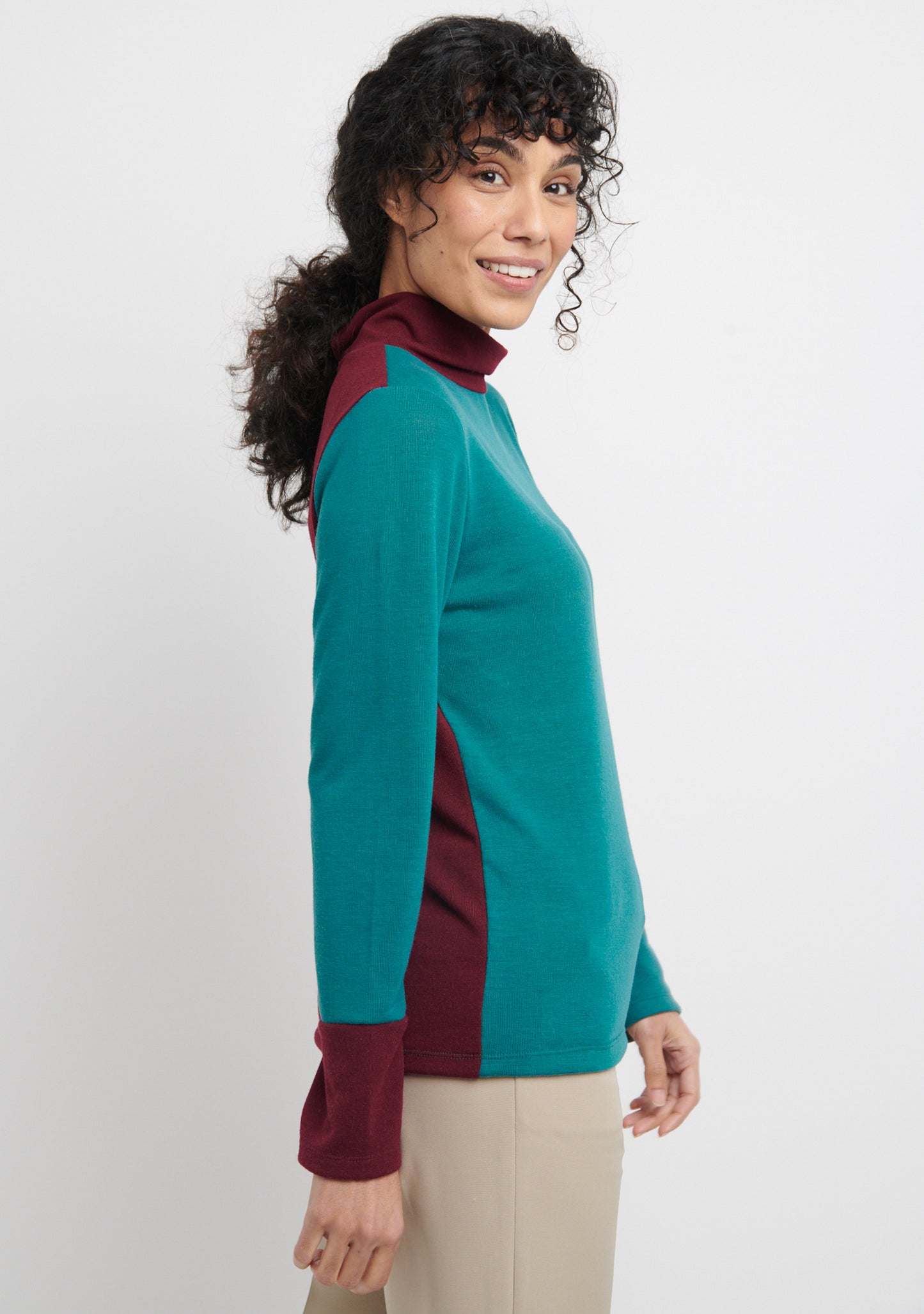 SOUS-PULL UNI FIN EXTRA DOUX RECTO VERSO PRUNE ET VERT