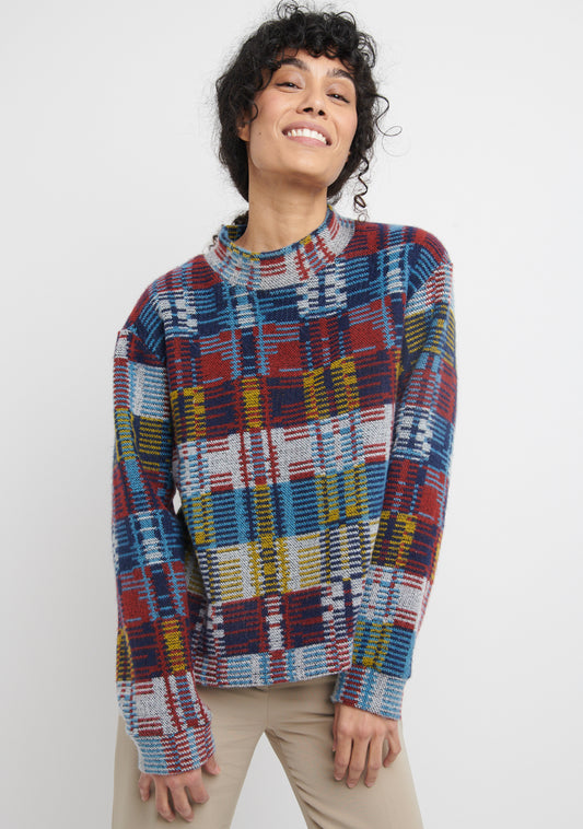 PULL COL CHEMINÉE À MOTIF GRAPHIQUE LIGNES BLEU