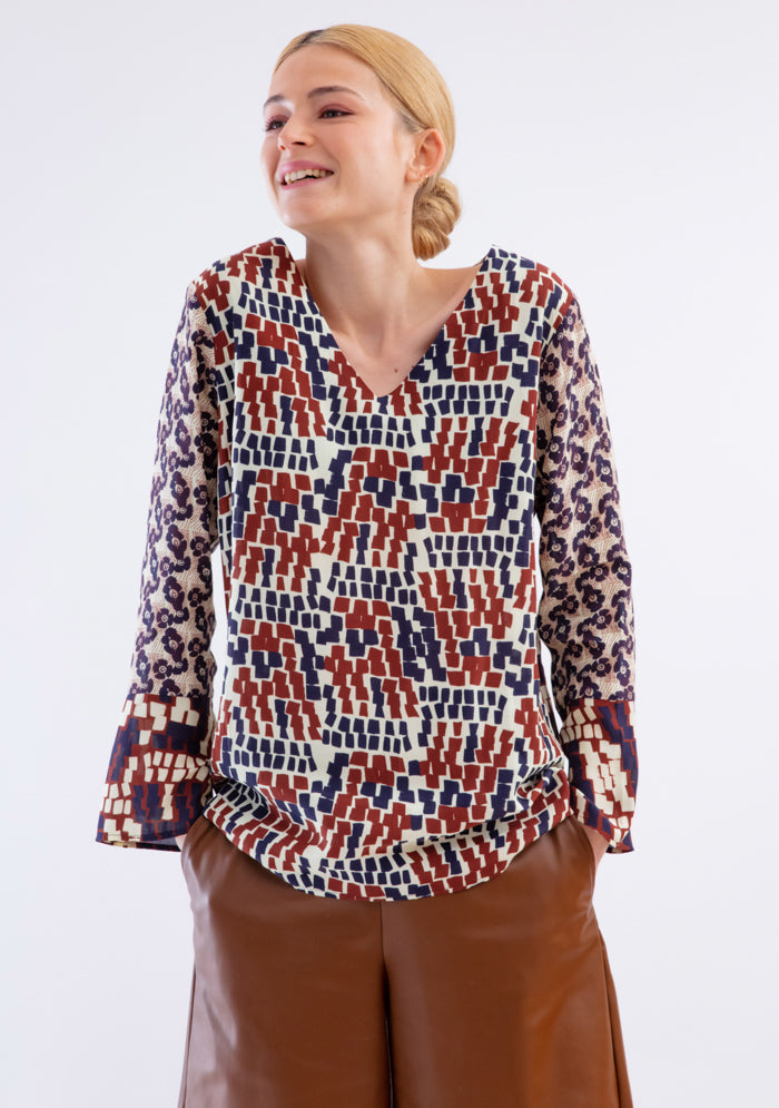 BLOUSE TRAPÈZE  IMPRIMÉE VUE D'EN HAUT BORDEAUX